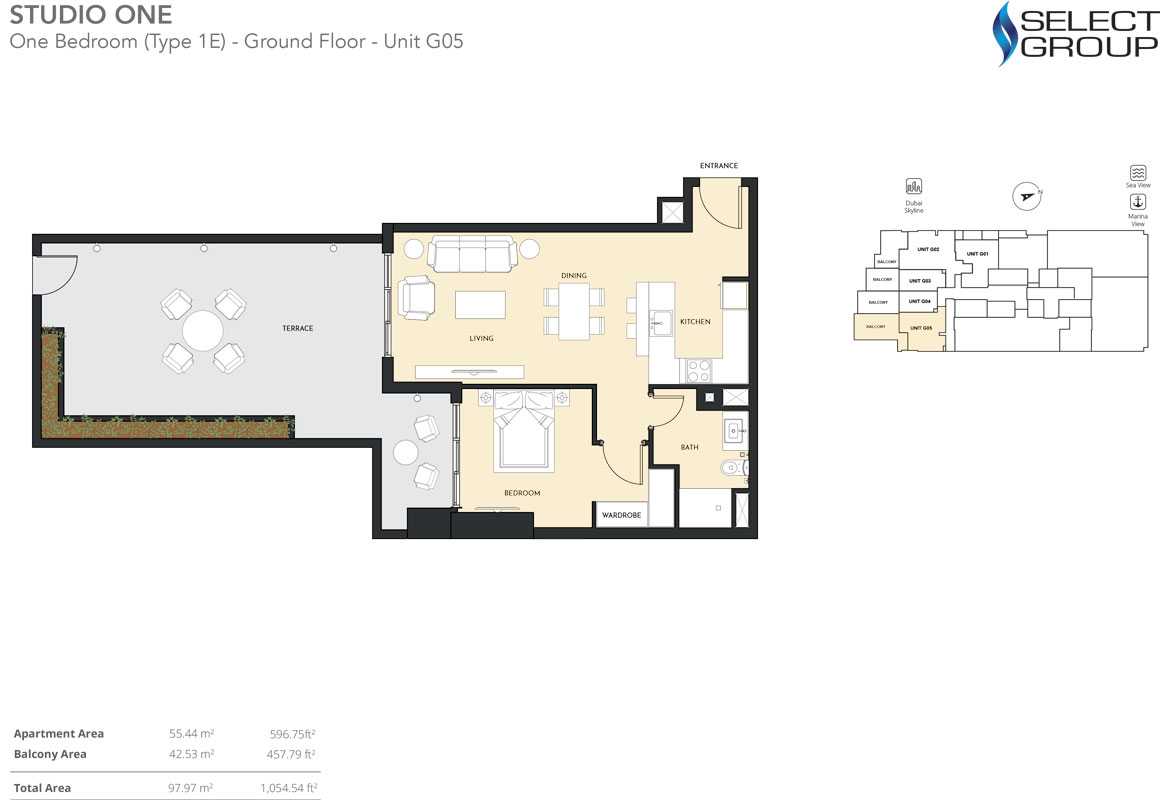 1 Bedroom, Type 1E - Ground Floor - Unit G05, Size 1054.54 sq ft